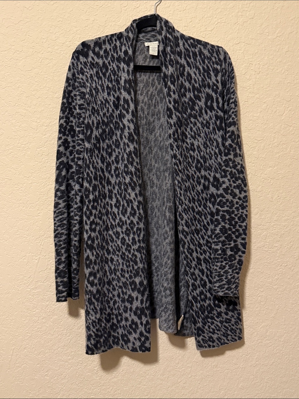 White + Warren Navy and Gray Leopard Open-Front Cardigan